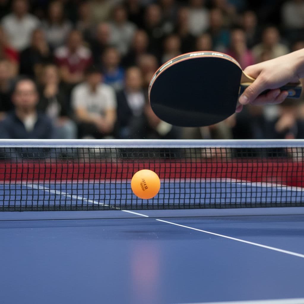 Close-up of a ping pong paddle striking a ball over the net, illustrating basic table tennis rules.