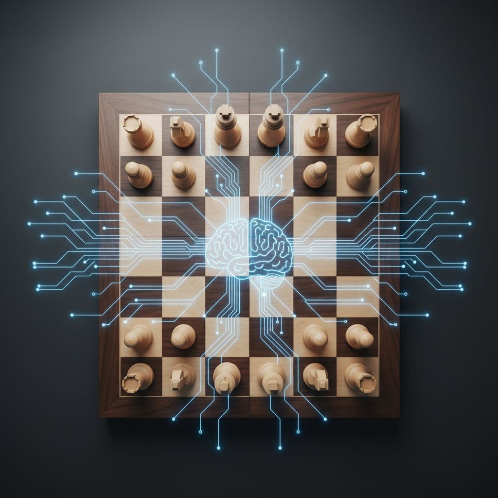 A minimalist wooden chessboard illustrating the mental benefits of playing chess with glowing blue neural connections