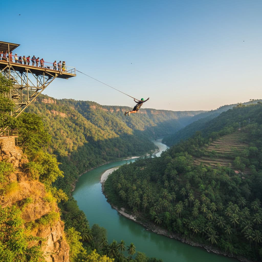 A person experiencing bungee jumping in India from a high fixed platform over a scenic valley in Rishikesh.