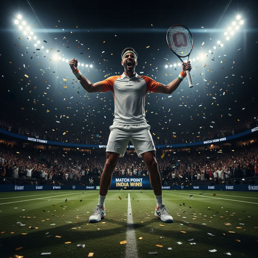 Indian tennis player celebrating an epic singles victory on a grass court