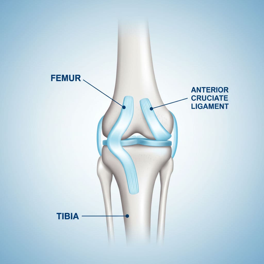 Anatomical diagram of the human knee highlighting the anterior cruciate ligament for ACL injury recovery.