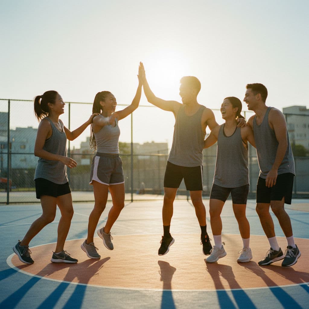 Diverse group of smiling friends celebrating together on a sunny outdoor basketball court, highlighting the social connection and happiness in sports.