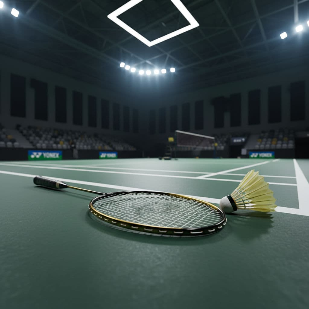 A premium Yonex badminton racket and a Mavis 350 nylon shuttlecock lying on a professional green synthetic court under vibrant stadium lights.