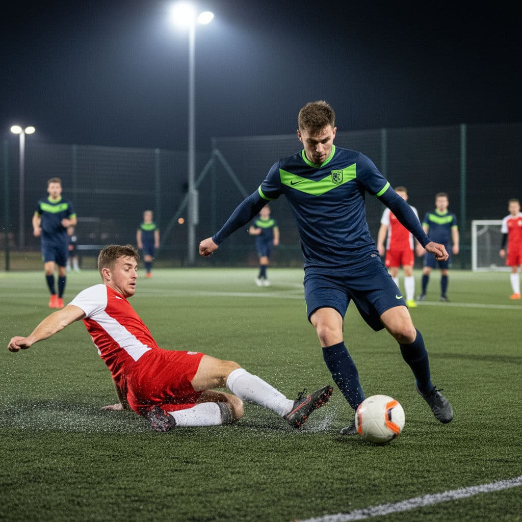 A skilled football player showcasing excellent first touch and ball control during a fast-paced 5-a-side match on turf.